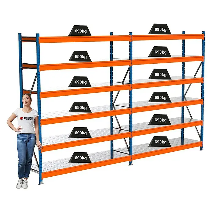 Proregal Schwerlastregal Industrie Weitspannregal MAXIMUS Pro - H x B x T: 250 x 410 x 60 cm, Traglast pro Boden: 690 kg, Anzahl Böden: 6 Stk., Stecken, Blau/Orange