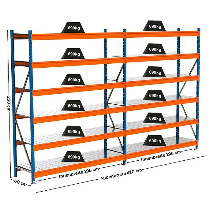 Proregal Schwerlastregal Industrie Weitspannregal MAXIMUS Pro - H x B x T: 250 x 410 x 60 cm, Traglast pro Boden: 690 kg, Anzahl Böden: 6 Stk., Stecken, Blau/Orange