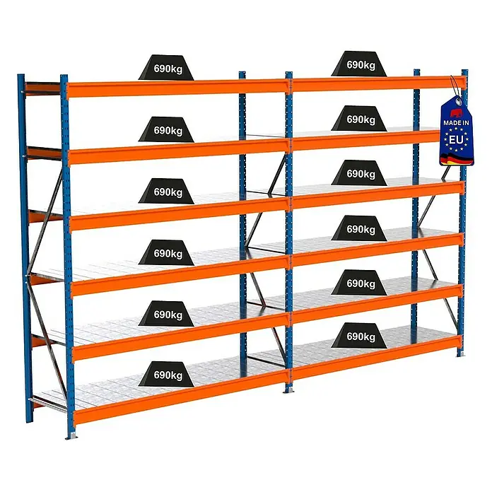Proregal Schwerlastregal Industrie Weitspannregal MAXIMUS Pro - H x B x T: 250 x 410 x 60 cm, Traglast pro Boden: 690 kg, Anzahl Böden: 6 Stk., Stecken, Blau/Orange