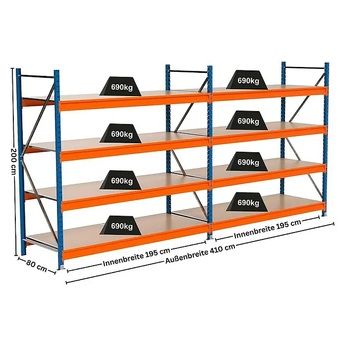 Proregal Schwerlastregal Industrie Weitspannregal MAXIMUS Pro - H x B x T: 200 x 410 x 80 cm, Traglast pro Boden: 690 kg, Anzahl Böden: 4 Stk., Stecken, Blau/Orange