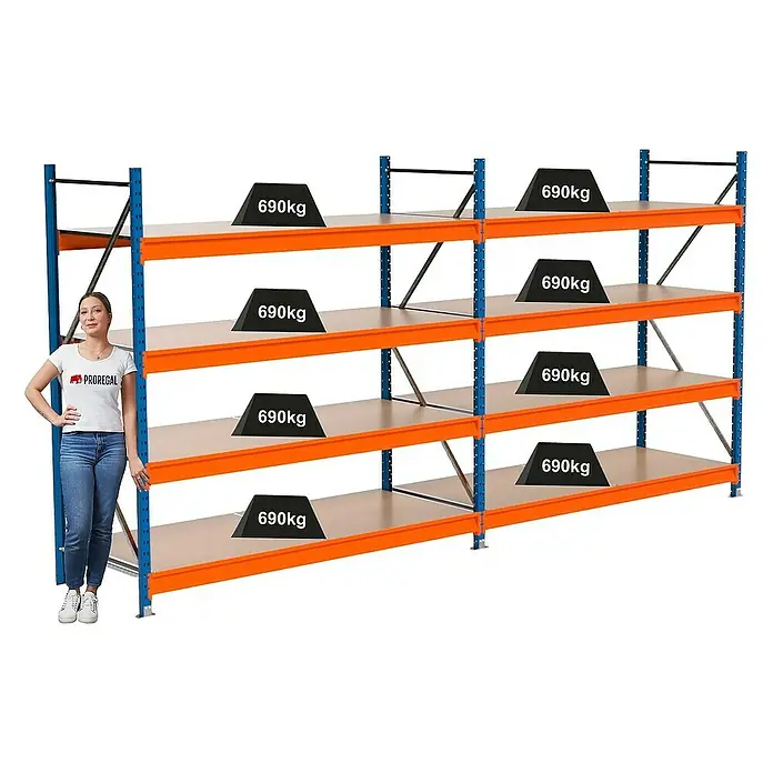 Proregal Schwerlastregal Industrie Weitspannregal MAXIMUS Pro - H x B x T: 200 x 410 x 80 cm, Traglast pro Boden: 690 kg, Anzahl Böden: 4 Stk., Stecken, Blau/Orange