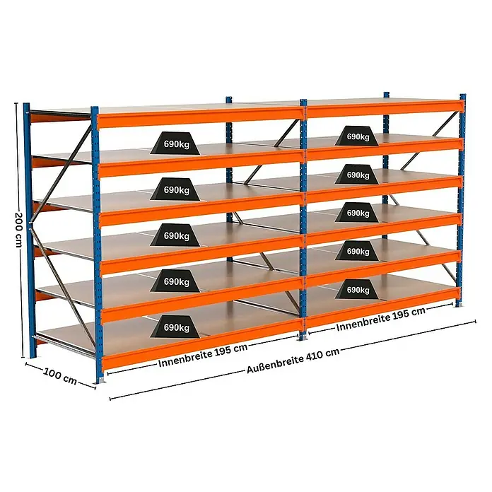 Proregal Schwerlastregal Industrie Weitspannregal MAXIMUS Pro - H x B x T: 200 x 410 x 100 cm, Traglast pro Boden: 690 kg, Anzahl Böden: 6 Stk., Stecken, Blau/Orange