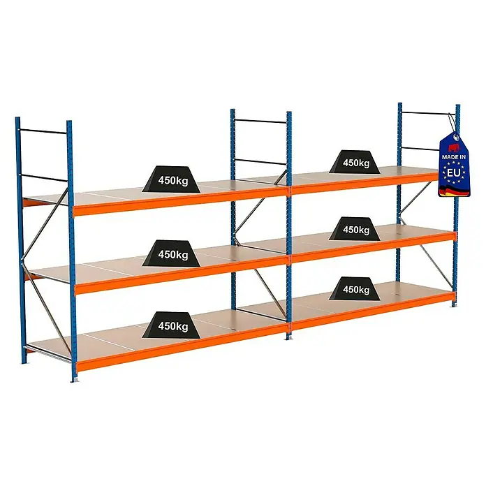 Proregal Schwerlastregal Industrie Weitspannregal MAXIMUS Pro - H x B x T: 250 x 560 x 100 cm, Traglast pro Boden: 450 kg, Anzahl Böden: 3 Stk., Stecken, Blau/Orange