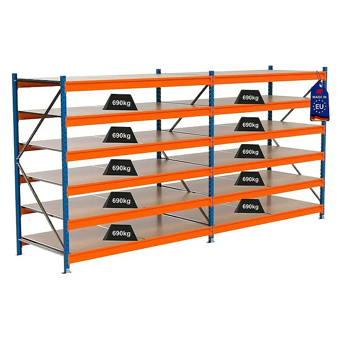 Proregal Schwerlastregal Industrie Weitspannregal MAXIMUS Pro - H x B x T: 200 x 410 x 100 cm, Traglast pro Boden: 690 kg, Anzahl Böden: 6 Stk., Stecken, Blau/Orange