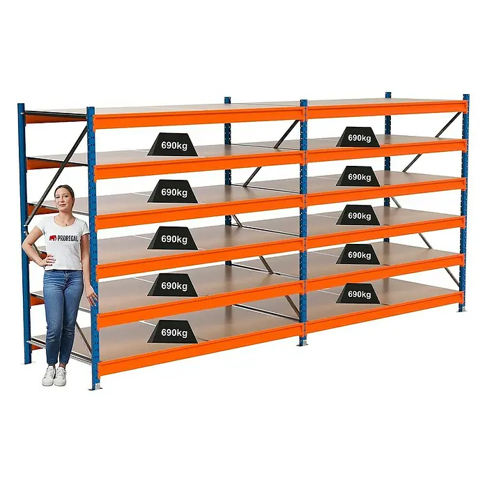 Proregal Schwerlastregal Industrie Weitspannregal MAXIMUS Pro - H x B x T: 200 x 410 x 100 cm, Traglast pro Boden: 690 kg, Anzahl Böden: 6 Stk., Stecken, Blau/Orange