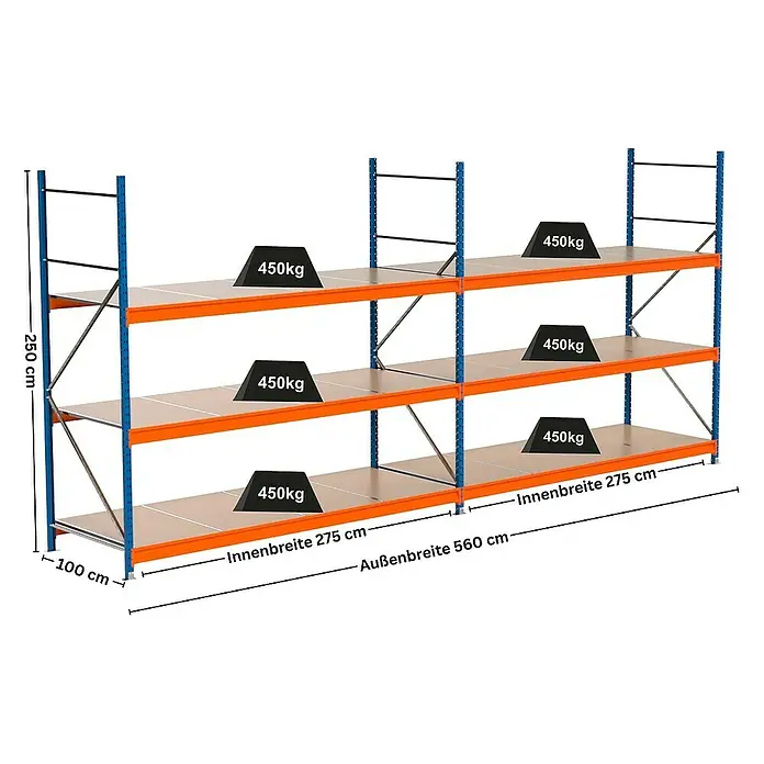 Proregal Schwerlastregal Industrie Weitspannregal MAXIMUS Pro - H x B x T: 250 x 560 x 100 cm, Traglast pro Boden: 450 kg, Anzahl Böden: 3 Stk., Stecken, Blau/Orange