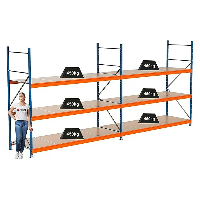 Proregal Schwerlastregal Industrie Weitspannregal MAXIMUS Pro - H x B x T: 250 x 560 x 100 cm, Traglast pro Boden: 450 kg, Anzahl Böden: 3 Stk., Stecken, Blau/Orange