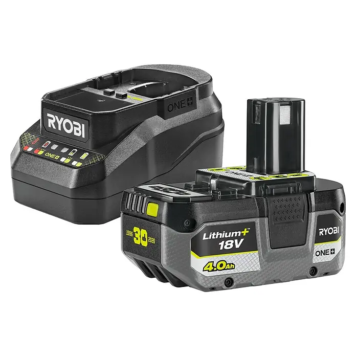 Ryobi ONE+ Maschinenpaket - Akku-Nass-Trockensauger R18WDV-0 + gratis Starter-Kit - Schwarze Ryobi ONE+ 18V Lithium+ 4.0Ah Batterie und Ladegerät mit LED-Anzeigen.