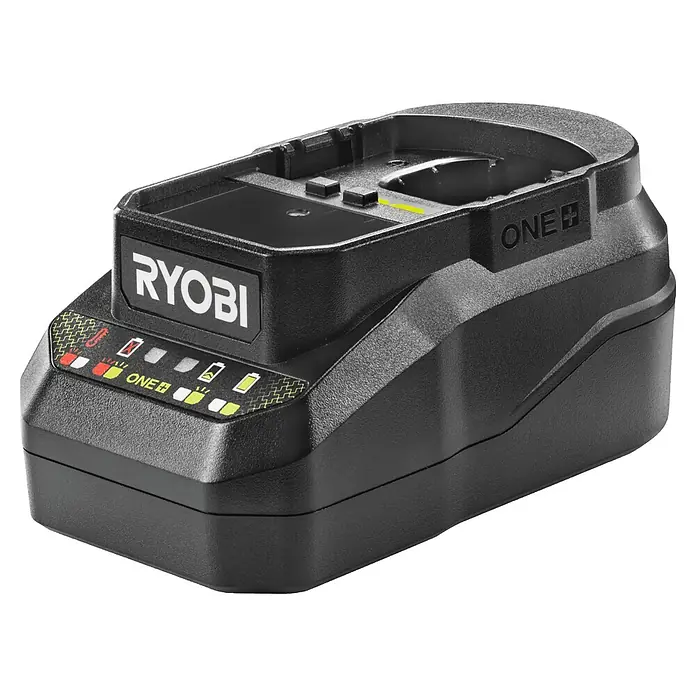 Ryobi Akku & Ladegerät Starter-Set RC18120A140X - 1 Akku, 4 Ah - Schwarzes Ryobi ONE+ Akku-Ladegerät mit strukturierter Kunststoffhülle und Kontrollleuchten.