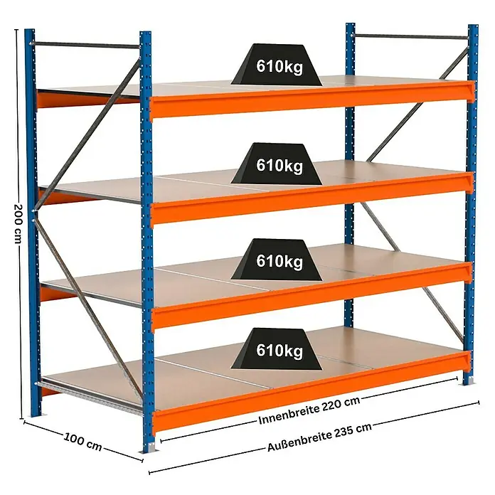 Proregal Schwerlastregal Industrie Weitspannregal MAXIMUS Pro - H x B x T: 200 x 235 x 100 cm, Traglast pro Boden: 610 kg, Anzahl Böden: 4 Stk., Stecken, Blau/Orange