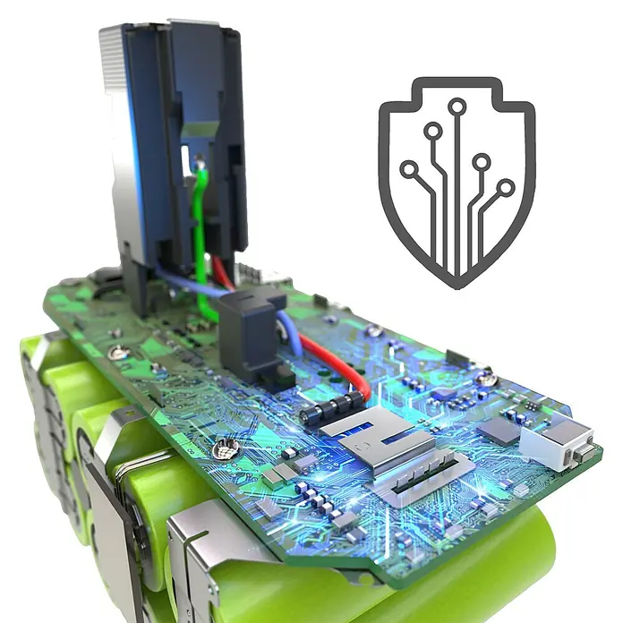 Ryobi Akku & Ladegerät Starter-Set RC18120A140X - 1 Akku, 4 Ah - Grüner Akku mit freiliegender Schutzplatine, leuchtenden Bauteilen und Kabeln, begleitet von einem Schutzschild-Symbol.