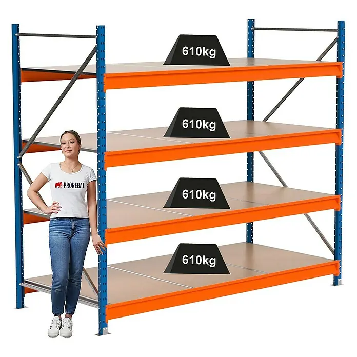 Proregal Schwerlastregal Industrie Weitspannregal MAXIMUS Pro - H x B x T: 200 x 235 x 100 cm, Traglast pro Boden: 610 kg, Anzahl Böden: 4 Stk., Stecken, Blau/Orange