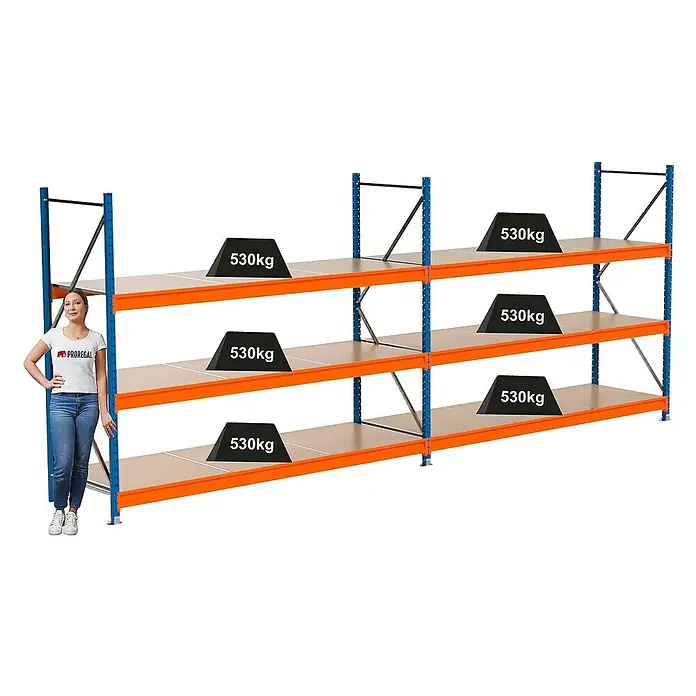 Proregal Schwerlastregal Industrie Weitspannregal MAXIMUS Pro - H x B x T: 200 x 510 x 80 cm, Traglast pro Boden: 530 kg, Anzahl Böden: 3 Stk., Stecken, Blau/Orange