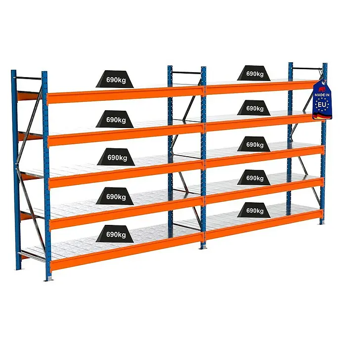 Proregal Schwerlastregal Industrie Weitspannregal MAXIMUS Pro - H x B x T: 200 x 410 x 60 cm, Traglast pro Boden: 690 kg, Anzahl Böden: 5 Stk., Stecken, Blau/Orange