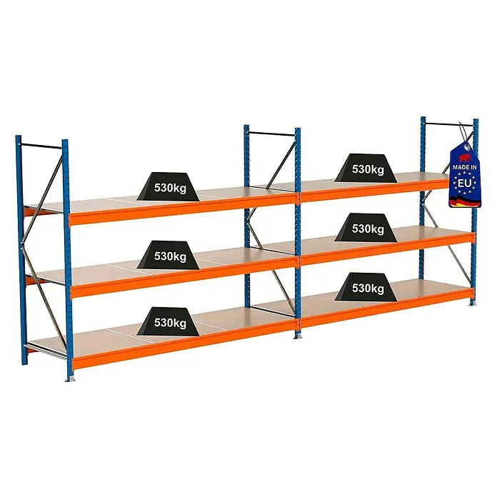 Proregal Schwerlastregal Industrie Weitspannregal MAXIMUS Pro - H x B x T: 200 x 510 x 80 cm, Traglast pro Boden: 530 kg, Anzahl Böden: 3 Stk., Stecken, Blau/Orange