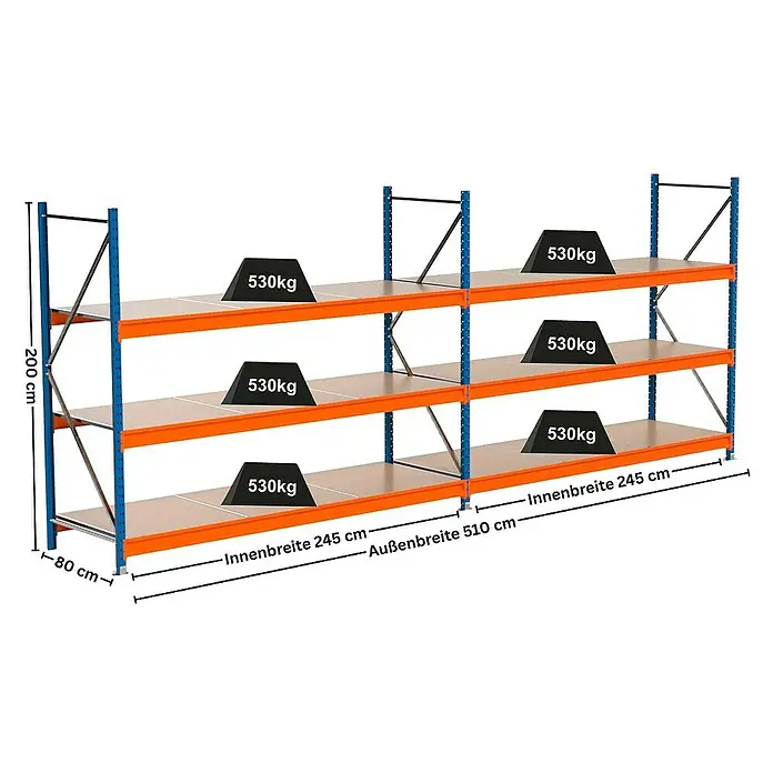 Proregal Schwerlastregal Industrie Weitspannregal MAXIMUS Pro - H x B x T: 200 x 510 x 80 cm, Traglast pro Boden: 530 kg, Anzahl Böden: 3 Stk., Stecken, Blau/Orange