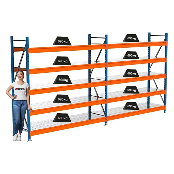 Proregal Schwerlastregal Industrie Weitspannregal MAXIMUS Pro - H x B x T: 200 x 410 x 60 cm, Traglast pro Boden: 690 kg, Anzahl Böden: 5 Stk., Stecken, Blau/Orange