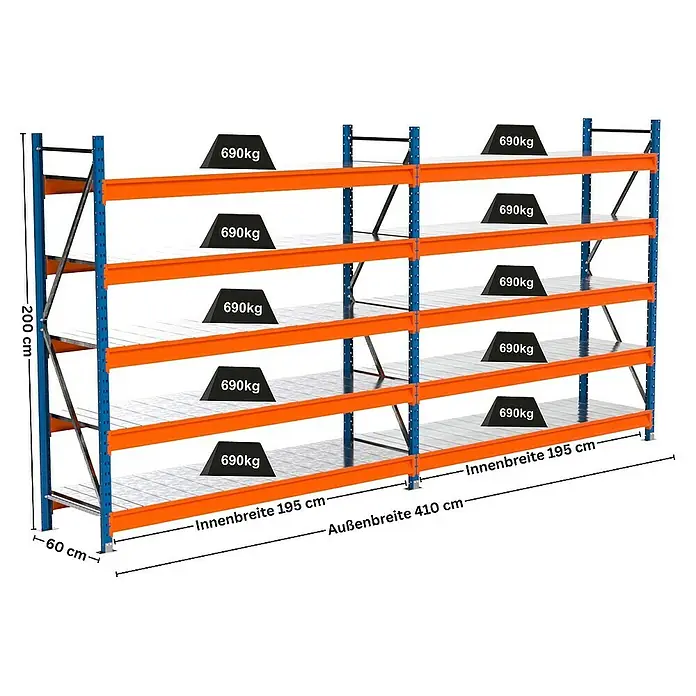 Proregal Schwerlastregal Industrie Weitspannregal MAXIMUS Pro - H x B x T: 200 x 410 x 60 cm, Traglast pro Boden: 690 kg, Anzahl Böden: 5 Stk., Stecken, Blau/Orange