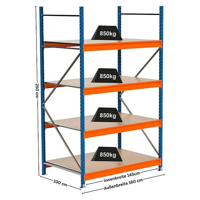 Proregal Schwerlastregal Industrie Weitspannregal MAXIMUS Pro - H x B x T: 250 x 160 x 100 cm, Traglast pro Boden: 850 kg, Anzahl Böden: 4 Stk., Stecken, Blau/Orange