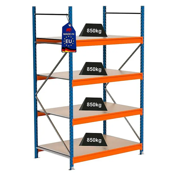 Proregal Schwerlastregal Industrie Weitspannregal MAXIMUS Pro - H x B x T: 250 x 160 x 100 cm, Traglast pro Boden: 850 kg, Anzahl Böden: 4 Stk., Stecken, Blau/Orange