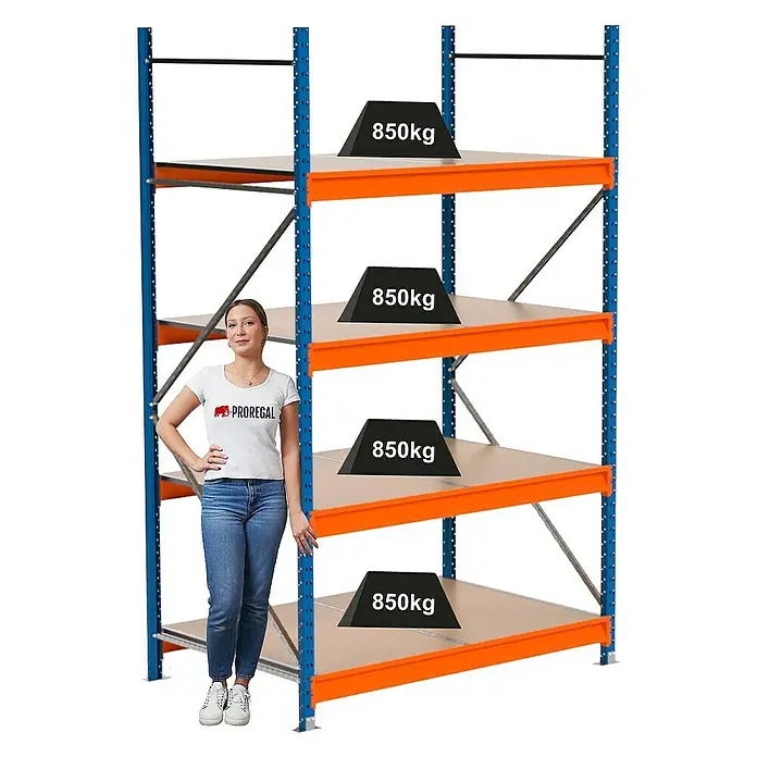 Proregal Schwerlastregal Industrie Weitspannregal MAXIMUS Pro - H x B x T: 250 x 160 x 100 cm, Traglast pro Boden: 850 kg, Anzahl Böden: 4 Stk., Stecken, Blau/Orange