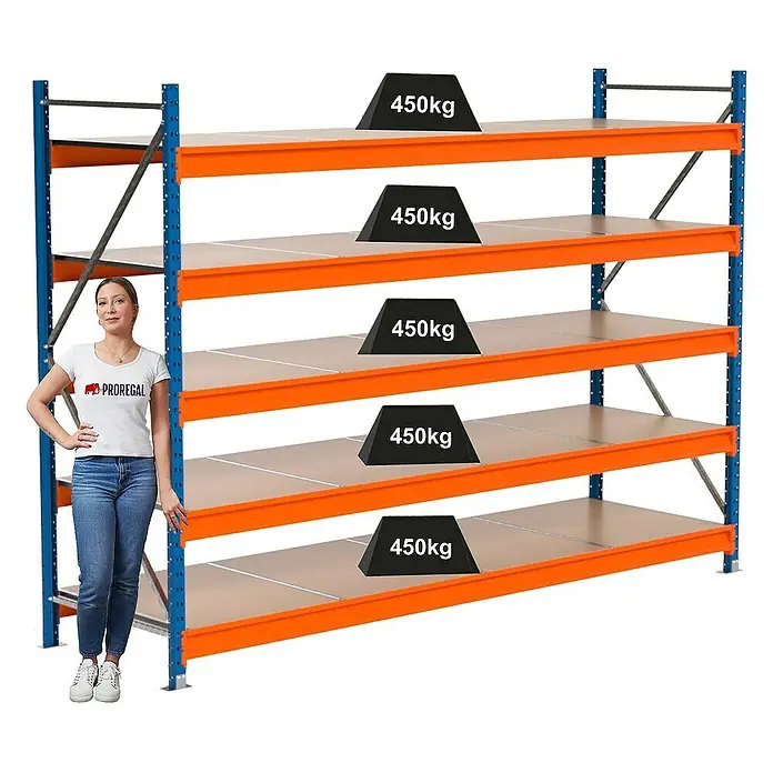 Proregal Schwerlastregal Industrie Weitspannregal MAXIMUS Pro - H x B x T: 200 x 285 x 80 cm, Traglast pro Boden: 450 kg, Anzahl Böden: 5 Stk., Stecken, Blau/Orange