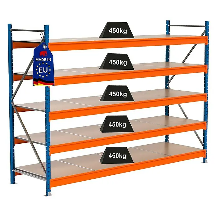 Proregal Schwerlastregal Industrie Weitspannregal MAXIMUS Pro - H x B x T: 200 x 285 x 80 cm, Traglast pro Boden: 450 kg, Anzahl Böden: 5 Stk., Stecken, Blau/Orange