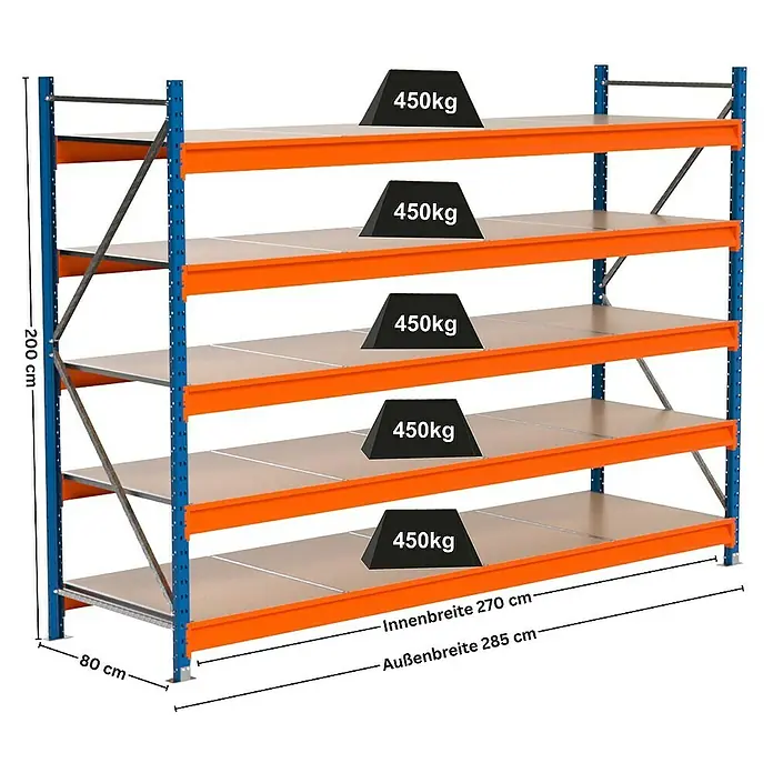 Proregal Schwerlastregal Industrie Weitspannregal MAXIMUS Pro - H x B x T: 200 x 285 x 80 cm, Traglast pro Boden: 450 kg, Anzahl Böden: 5 Stk., Stecken, Blau/Orange