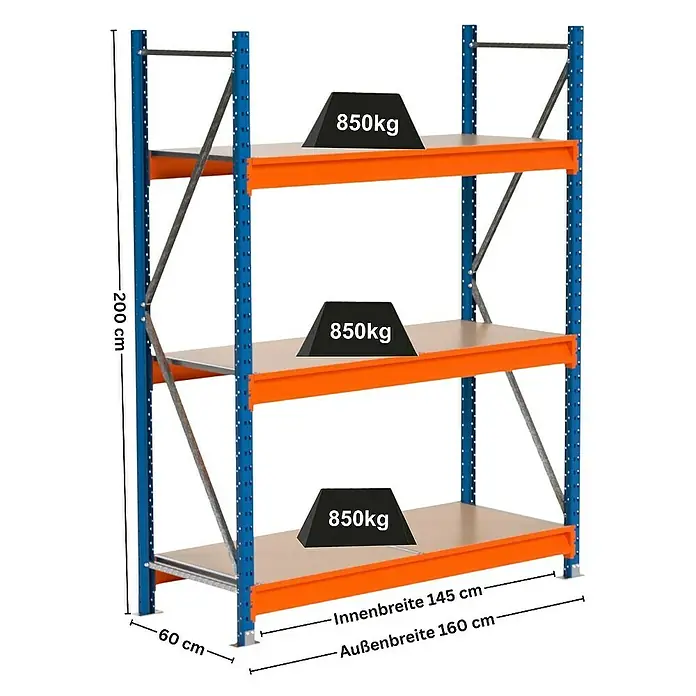 Proregal Schwerlastregal Industrie Weitspannregal MAXIMUS Pro - H x B x T: 200 x 160 x 60 cm, Traglast pro Boden: 850 kg, Anzahl Böden: 3 Stk., Stecken, Blau/Orange