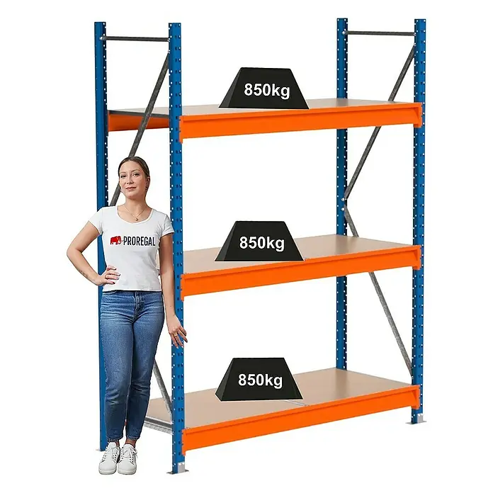 Proregal Schwerlastregal Industrie Weitspannregal MAXIMUS Pro - H x B x T: 200 x 160 x 60 cm, Traglast pro Boden: 850 kg, Anzahl Böden: 3 Stk., Stecken, Blau/Orange