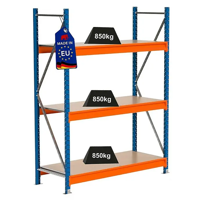Proregal Schwerlastregal Industrie Weitspannregal MAXIMUS Pro - H x B x T: 200 x 160 x 60 cm, Traglast pro Boden: 850 kg, Anzahl Böden: 3 Stk., Stecken, Blau/Orange