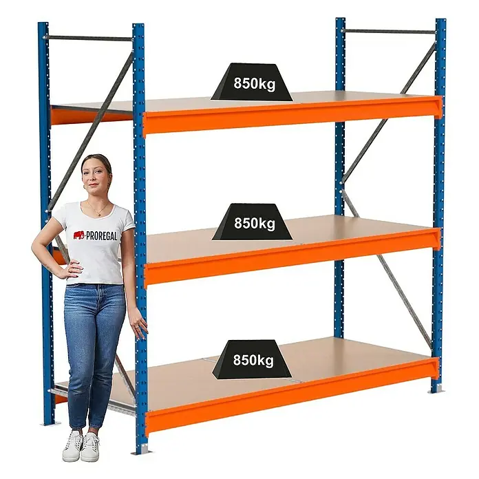 Proregal Schwerlastregal Industrie Weitspannregal MAXIMUS Pro - H x B x T: 200 x 160 x 80 cm, Traglast pro Boden: 850 kg, Anzahl Böden: 3 Stk., Stecken, Blau/Orange