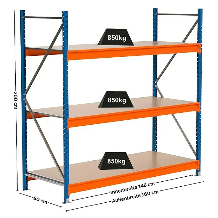 Proregal Schwerlastregal Industrie Weitspannregal MAXIMUS Pro - H x B x T: 200 x 160 x 80 cm, Traglast pro Boden: 850 kg, Anzahl Böden: 3 Stk., Stecken, Blau/Orange