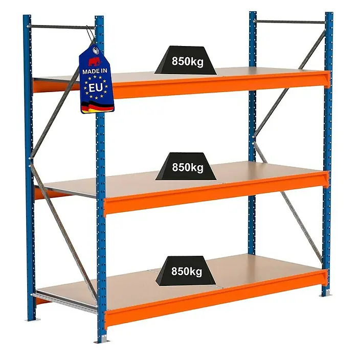 Proregal Schwerlastregal Industrie Weitspannregal MAXIMUS Pro - H x B x T: 200 x 160 x 80 cm, Traglast pro Boden: 850 kg, Anzahl Böden: 3 Stk., Stecken, Blau/Orange