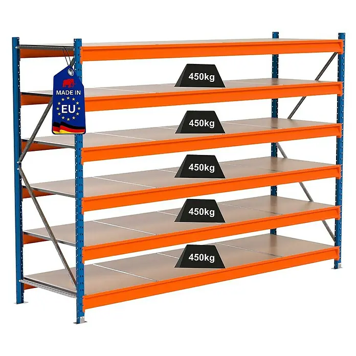 Proregal Schwerlastregal Industrie Weitspannregal MAXIMUS Pro - H x B x T: 200 x 285 x 80 cm, Traglast pro Boden: 450 kg, Anzahl Böden: 6 Stk., Stecken, Blau/Orange