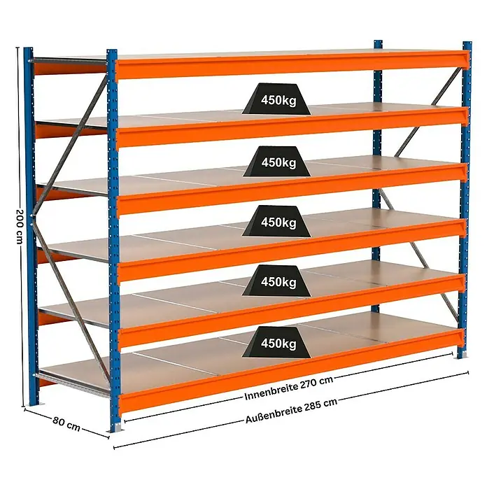 Proregal Schwerlastregal Industrie Weitspannregal MAXIMUS Pro - H x B x T: 200 x 285 x 80 cm, Traglast pro Boden: 450 kg, Anzahl Böden: 6 Stk., Stecken, Blau/Orange