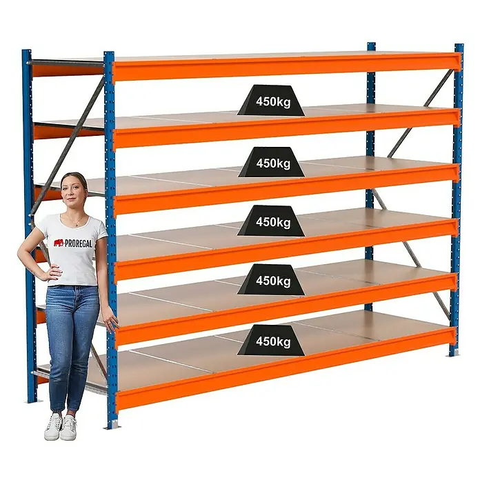 Proregal Schwerlastregal Industrie Weitspannregal MAXIMUS Pro - H x B x T: 200 x 285 x 80 cm, Traglast pro Boden: 450 kg, Anzahl Böden: 6 Stk., Stecken, Blau/Orange