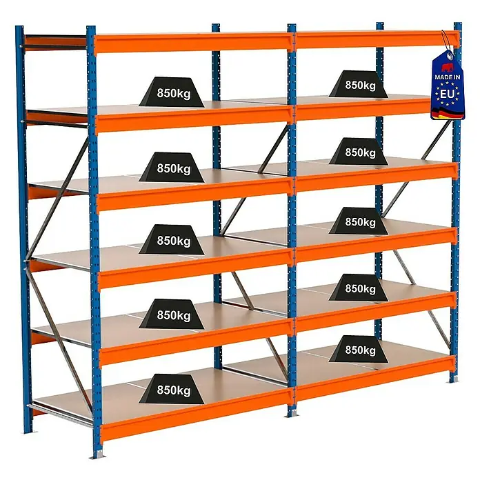 Proregal Schwerlastregal Industrie Weitspannregal MAXIMUS Pro - H x B x T: 250 x 310 x 80 cm, Traglast pro Boden: 850 kg, Anzahl Böden: 6 Stk., Stecken, Blau/Orange