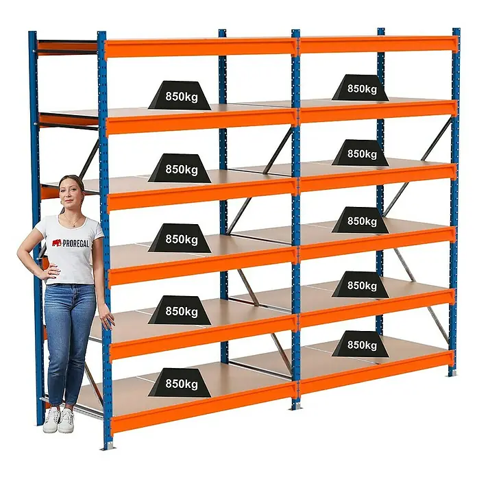 Proregal Schwerlastregal Industrie Weitspannregal MAXIMUS Pro - H x B x T: 250 x 310 x 80 cm, Traglast pro Boden: 850 kg, Anzahl Böden: 6 Stk., Stecken, Blau/Orange