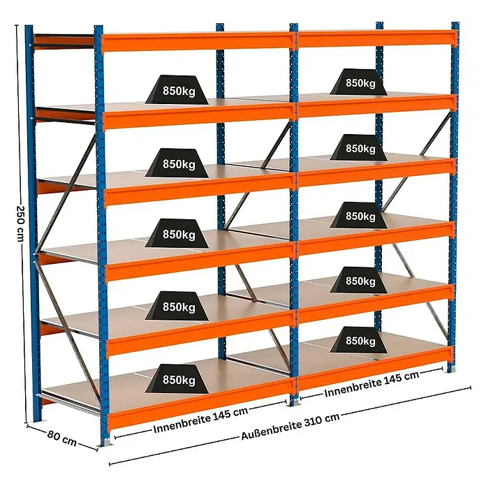 Proregal Schwerlastregal Industrie Weitspannregal MAXIMUS Pro - H x B x T: 250 x 310 x 80 cm, Traglast pro Boden: 850 kg, Anzahl Böden: 6 Stk., Stecken, Blau/Orange
