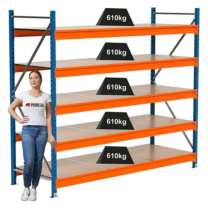 Proregal Schwerlastregal Industrie Weitspannregal MAXIMUS Pro - H x B x T: 200 x 235 x 80 cm, Traglast pro Boden: 610 kg, Anzahl Böden: 5 Stk., Stecken, Blau/Orange