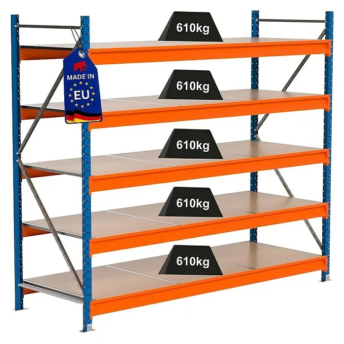 Proregal Schwerlastregal Industrie Weitspannregal MAXIMUS Pro - H x B x T: 200 x 235 x 80 cm, Traglast pro Boden: 610 kg, Anzahl Böden: 5 Stk., Stecken, Blau/Orange