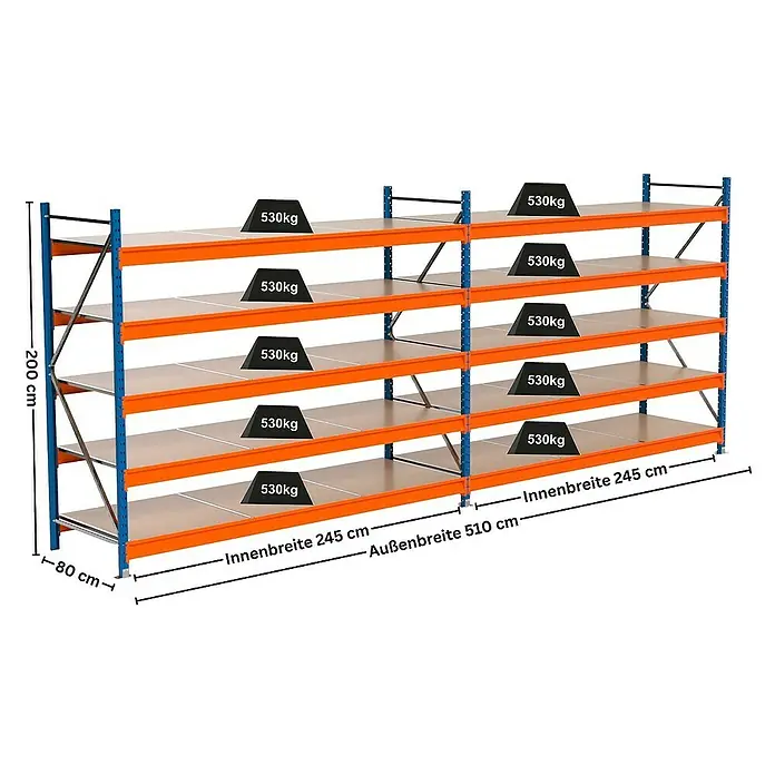 Proregal Schwerlastregal Industrie Weitspannregal MAXIMUS Pro - H x B x T: 200 x 510 x 80 cm, Traglast pro Boden: 530 kg, Anzahl Böden: 5 Stk., Stecken, Blau/Orange