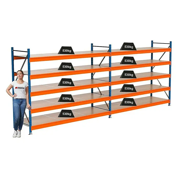 Proregal Schwerlastregal Industrie Weitspannregal MAXIMUS Pro - H x B x T: 200 x 510 x 80 cm, Traglast pro Boden: 530 kg, Anzahl Böden: 5 Stk., Stecken, Blau/Orange