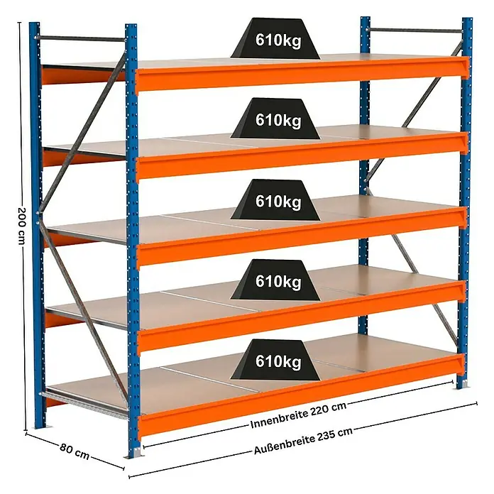 Proregal Schwerlastregal Industrie Weitspannregal MAXIMUS Pro - H x B x T: 200 x 235 x 80 cm, Traglast pro Boden: 610 kg, Anzahl Böden: 5 Stk., Stecken, Blau/Orange
