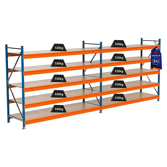 Proregal Schwerlastregal Industrie Weitspannregal MAXIMUS Pro - H x B x T: 200 x 510 x 80 cm, Traglast pro Boden: 530 kg, Anzahl Böden: 5 Stk., Stecken, Blau/Orange