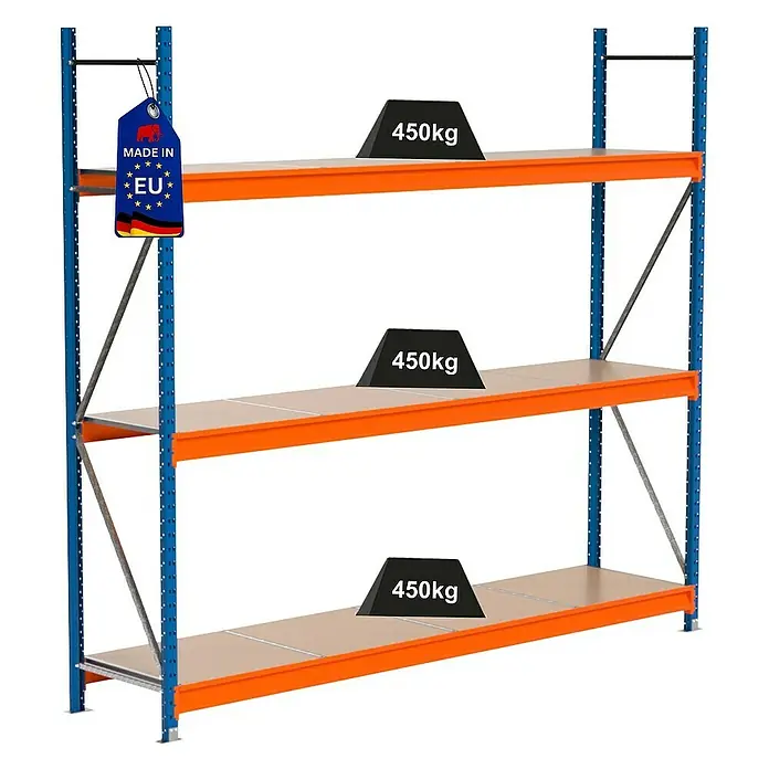 Proregal Schwerlastregal Industrie Weitspannregal MAXIMUS Pro - H x B x T: 250 x 285 x 60 cm, Traglast pro Boden: 450 kg, Anzahl Böden: 3 Stk., Stecken, Blau/Orange