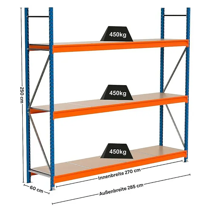 Proregal Schwerlastregal Industrie Weitspannregal MAXIMUS Pro - H x B x T: 250 x 285 x 60 cm, Traglast pro Boden: 450 kg, Anzahl Böden: 3 Stk., Stecken, Blau/Orange