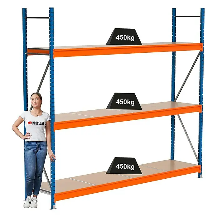Proregal Schwerlastregal Industrie Weitspannregal MAXIMUS Pro - H x B x T: 250 x 285 x 60 cm, Traglast pro Boden: 450 kg, Anzahl Böden: 3 Stk., Stecken, Blau/Orange