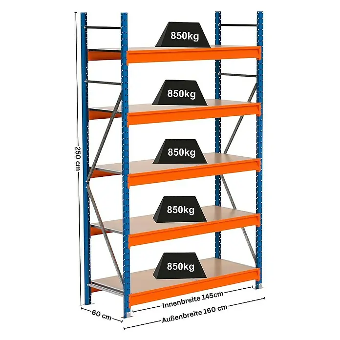 Proregal Schwerlastregal Industrie Weitspannregal MAXIMUS Pro - H x B x T: 250 x 160 x 60 cm, Traglast pro Boden: 850 kg, Anzahl Böden: 5 Stk., Stecken, Blau/Orange